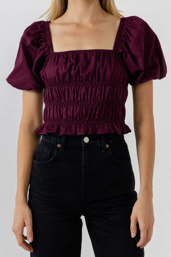 ENDLESS ROSE Tops*- Smocking Detail Puff Sleeve Top PURPLE