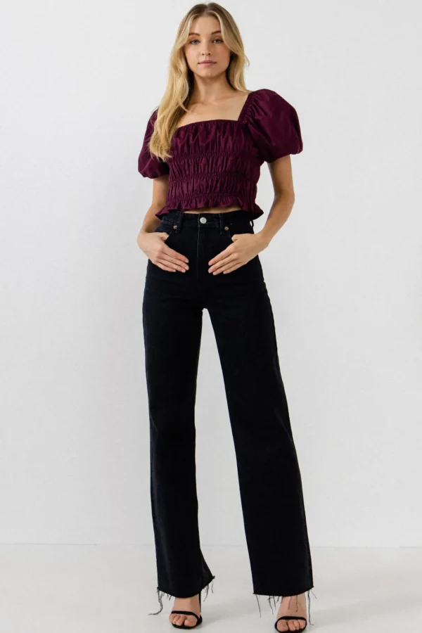 ENDLESS ROSE Tops*- Smocking Detail Puff Sleeve Top PURPLE