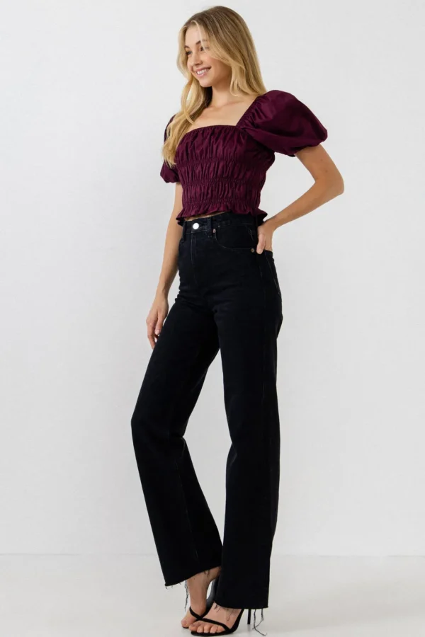 ENDLESS ROSE Tops*- Smocking Detail Puff Sleeve Top PURPLE
