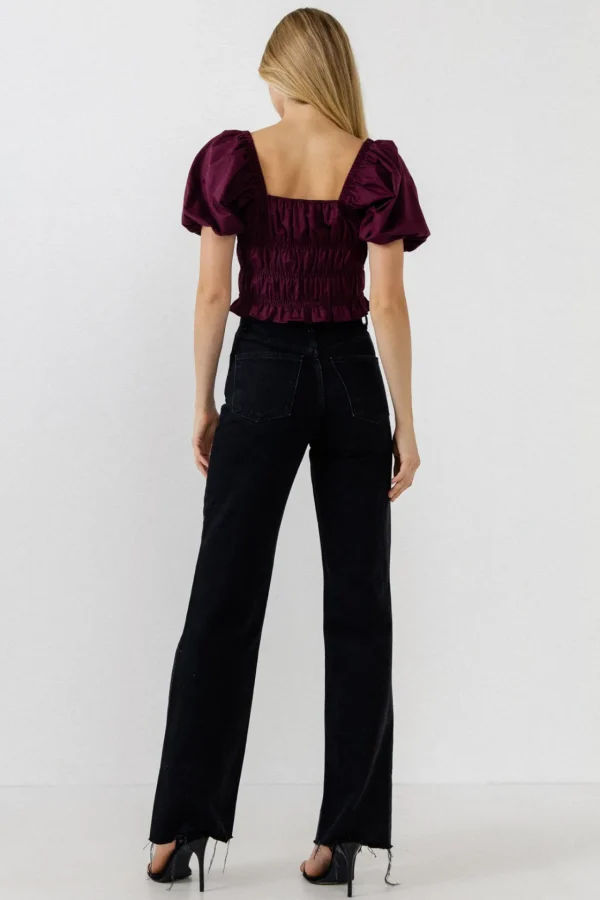 ENDLESS ROSE Tops*- Smocking Detail Puff Sleeve Top PURPLE