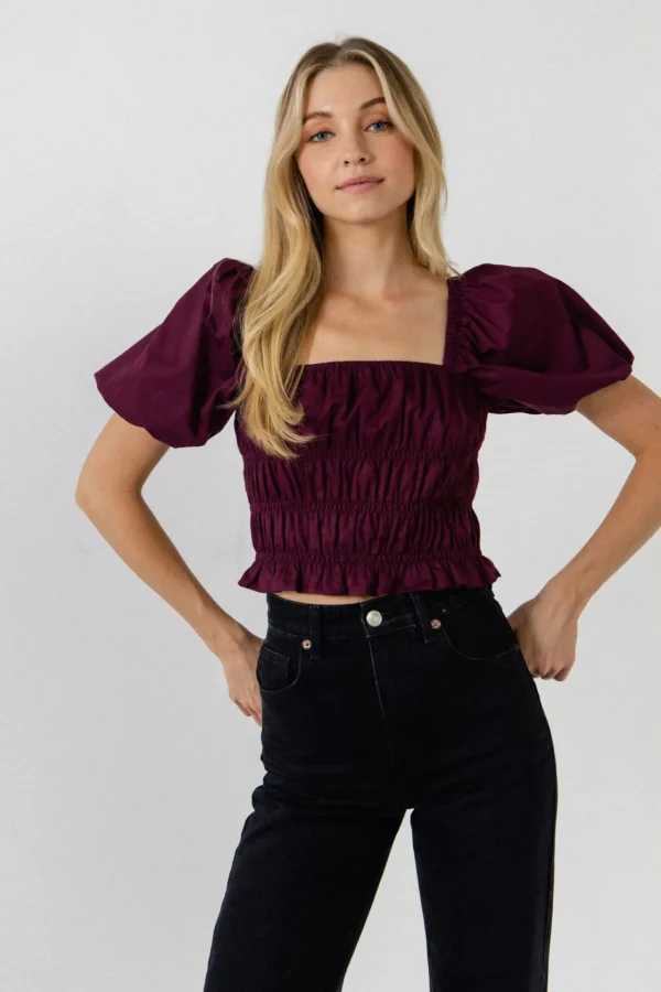 ENDLESS ROSE Tops*- Smocking Detail Puff Sleeve Top PURPLE