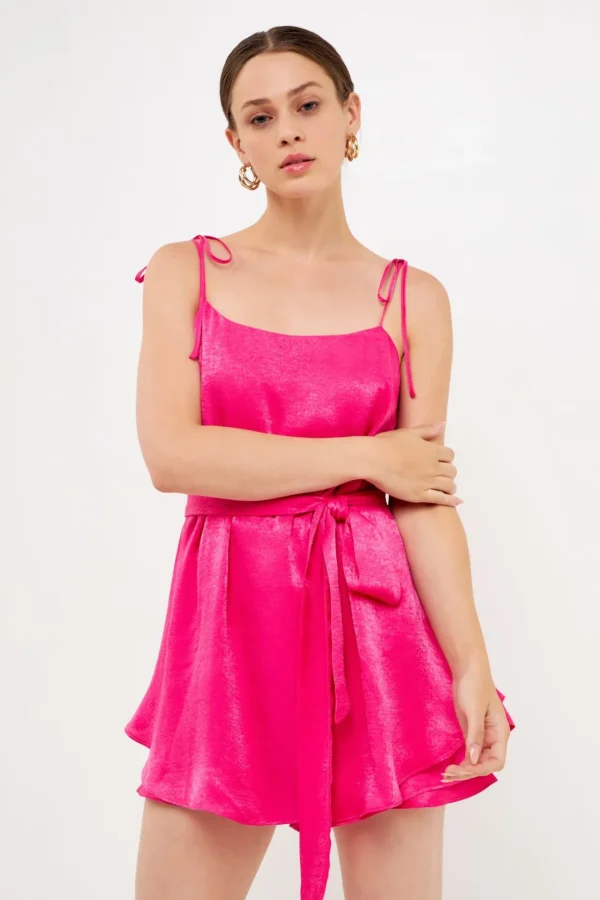 ENDLESS ROSE Tops*- Spaghetti Tie Belted Romper Dress