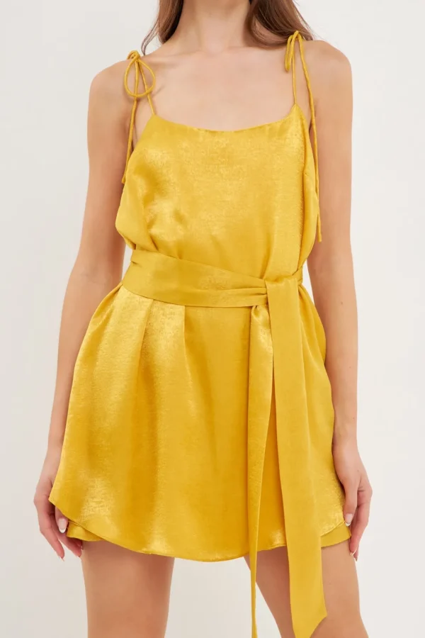 ENDLESS ROSE Tops*- Spaghetti Tie Belted Romper Dress