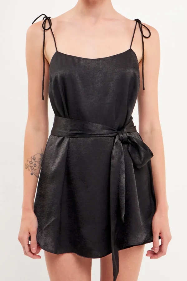 ENDLESS ROSE Tops*- Spaghetti Tie Belted Romper Dress
