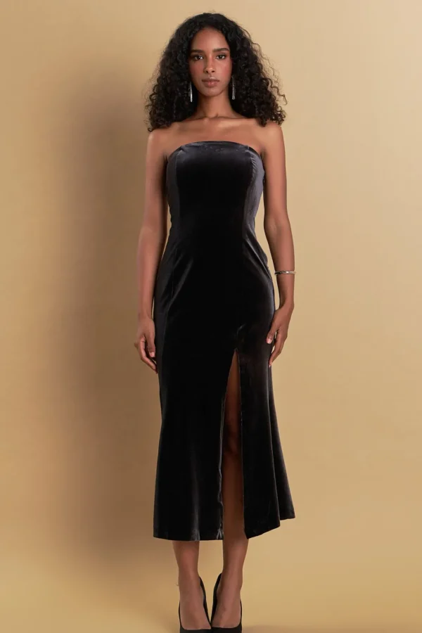 ENDLESS ROSE Tops*- Strapless Velvet Maxi Dress DARKGREY