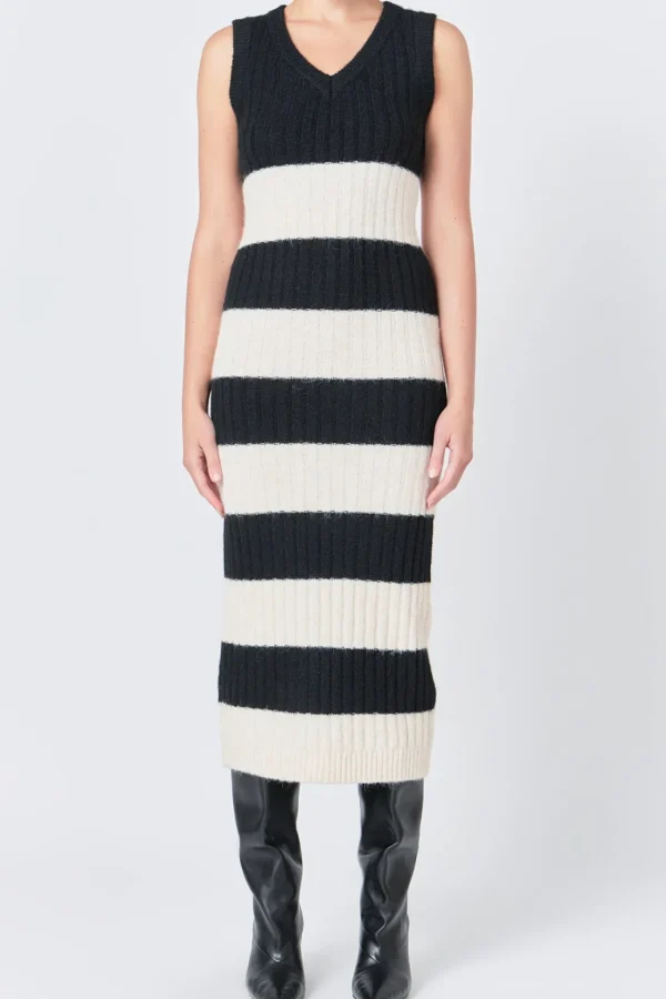 ENDLESS ROSE Tops*- Striped Knit Midi Dress BLACK/CREAM