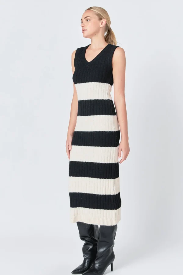 ENDLESS ROSE Tops*- Striped Knit Midi Dress BLACK/CREAM