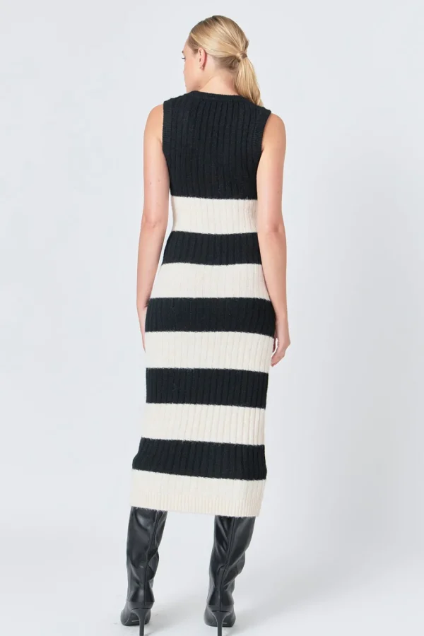 ENDLESS ROSE Tops*- Striped Knit Midi Dress BLACK/CREAM