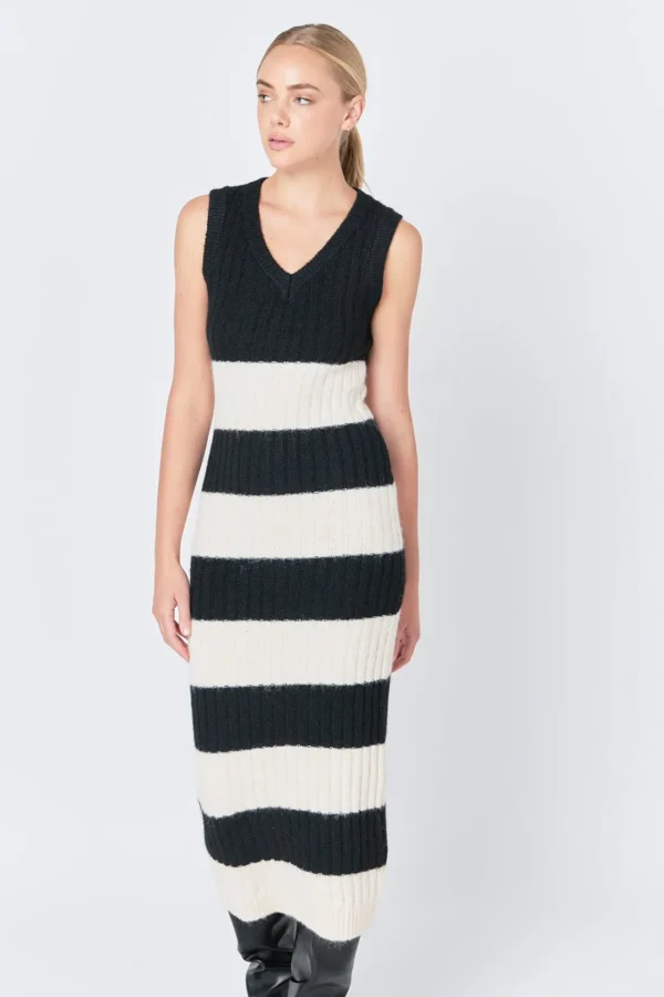 ENDLESS ROSE Tops*- Striped Knit Midi Dress BLACK/CREAM
