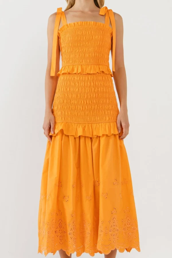 ENDLESS ROSE Tops*- Sunset Eyelet Smocked Maxi ORANGE