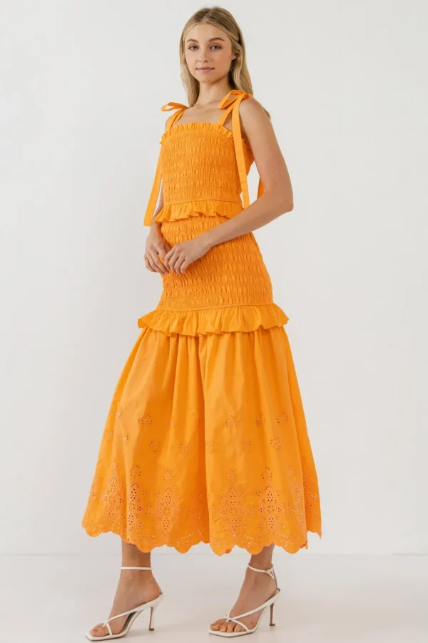 ENDLESS ROSE Tops*- Sunset Eyelet Smocked Maxi ORANGE