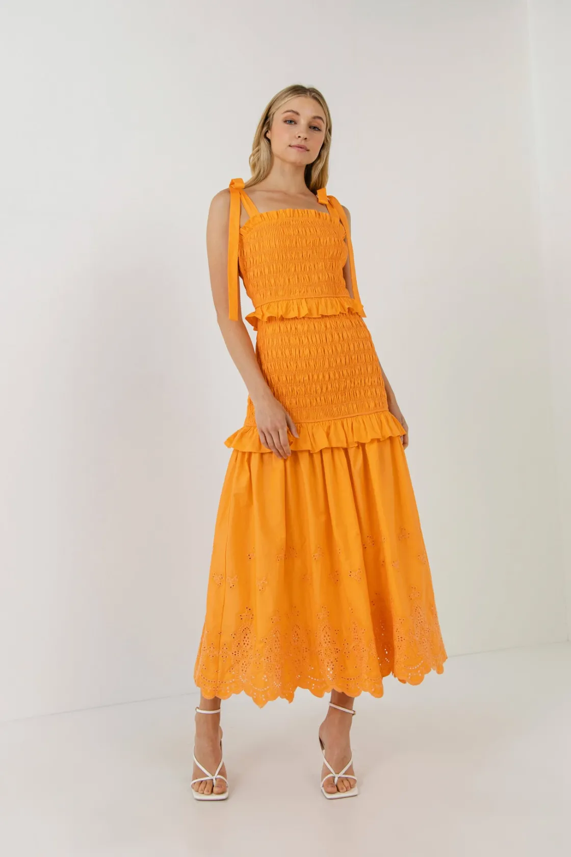 endless_rose__sunset_eyel_3.webp ENDLESS ROSE Tops*- Sunset Eyelet Smocked Maxi ORANGE