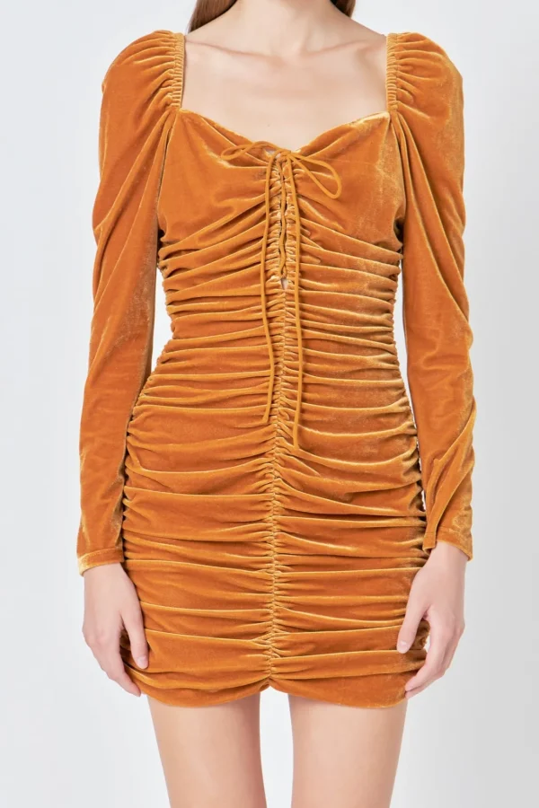 ENDLESS ROSE Tops*- Sweetheart Neckline Ruched Woven Dress YELLOW