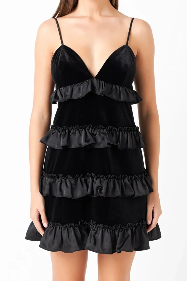 ENDLESS ROSE Tops*- Tiered Contrast Velvet Mini Dress BLACK