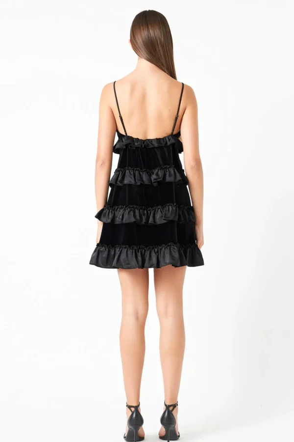 ENDLESS ROSE Tops*- Tiered Contrast Velvet Mini Dress BLACK