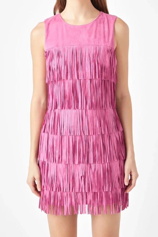 ENDLESS ROSE Tops*- Tiered Faux Suede Fringe Mini Dress PINK