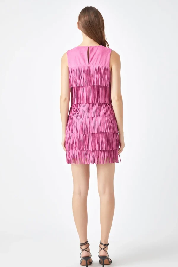 ENDLESS ROSE Tops*- Tiered Faux Suede Fringe Mini Dress PINK