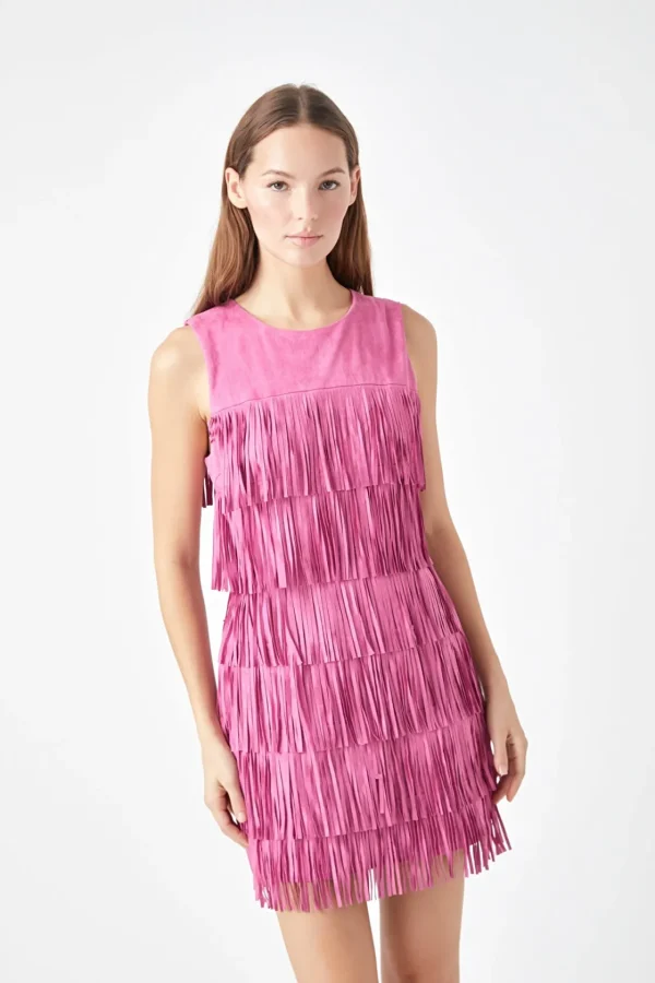 ENDLESS ROSE Tops*- Tiered Faux Suede Fringe Mini Dress PINK