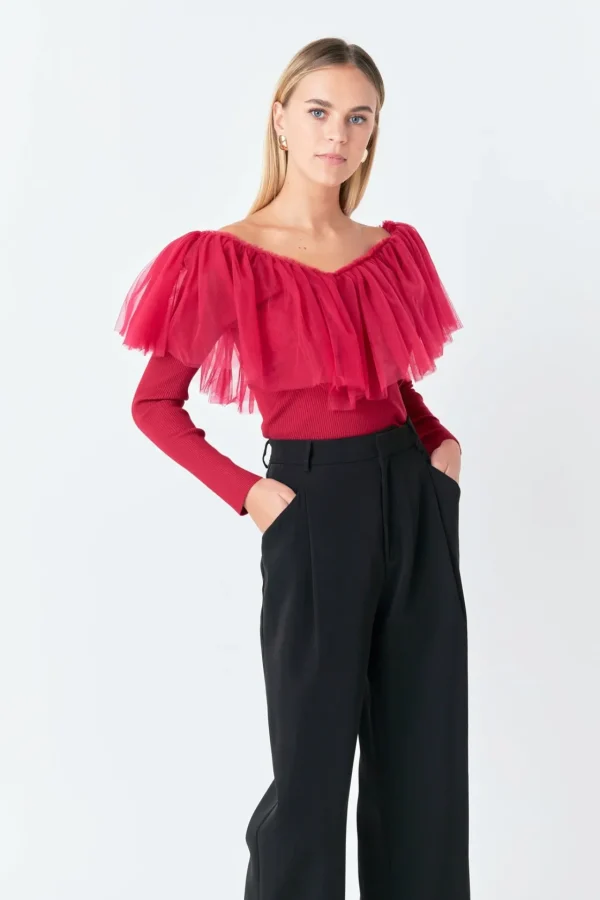 ENDLESS ROSE Tops*- Tulle Ruffle Top