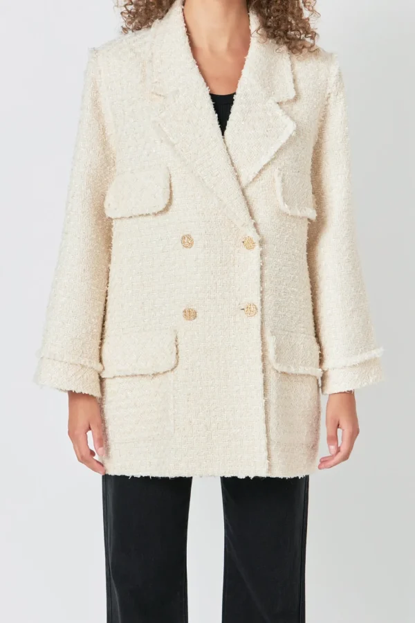 ENDLESS ROSE Tops*- Tweed Fringe Double Breast Coat CREAM