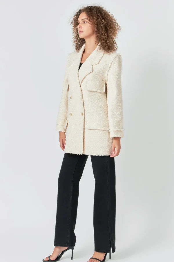 ENDLESS ROSE Tops*- Tweed Fringe Double Breast Coat CREAM
