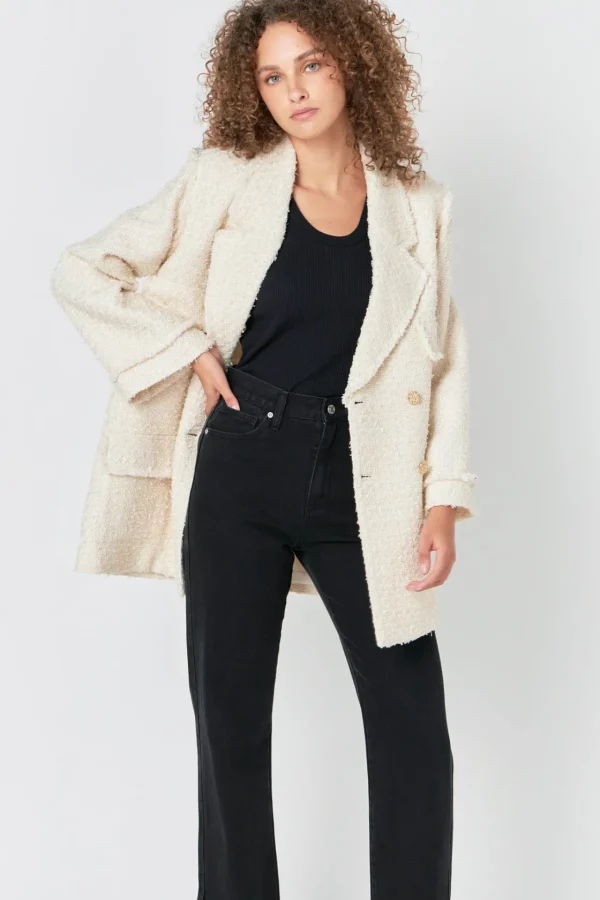 ENDLESS ROSE Tops*- Tweed Fringe Double Breast Coat CREAM