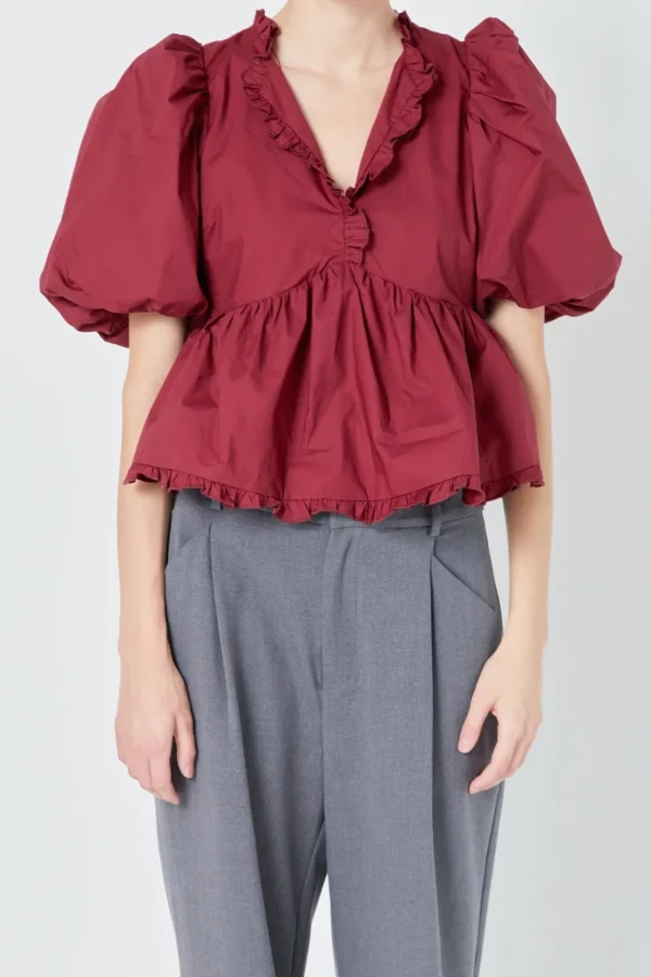 ENDLESS ROSE Tops*- V Neck Puff Sleeve Peplum Top