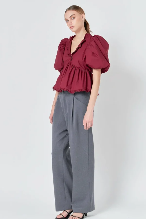 ENDLESS ROSE Tops*- V Neck Puff Sleeve Peplum Top