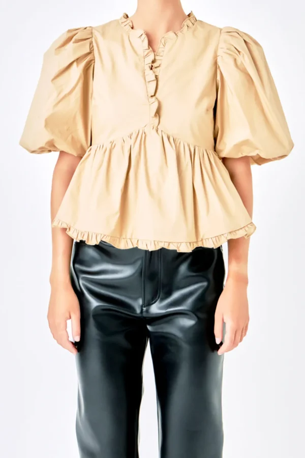 ENDLESS ROSE Tops*- V Neck Puff Sleeve Peplum Top