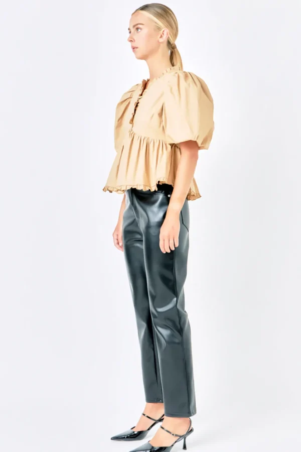 ENDLESS ROSE Tops*- V Neck Puff Sleeve Peplum Top