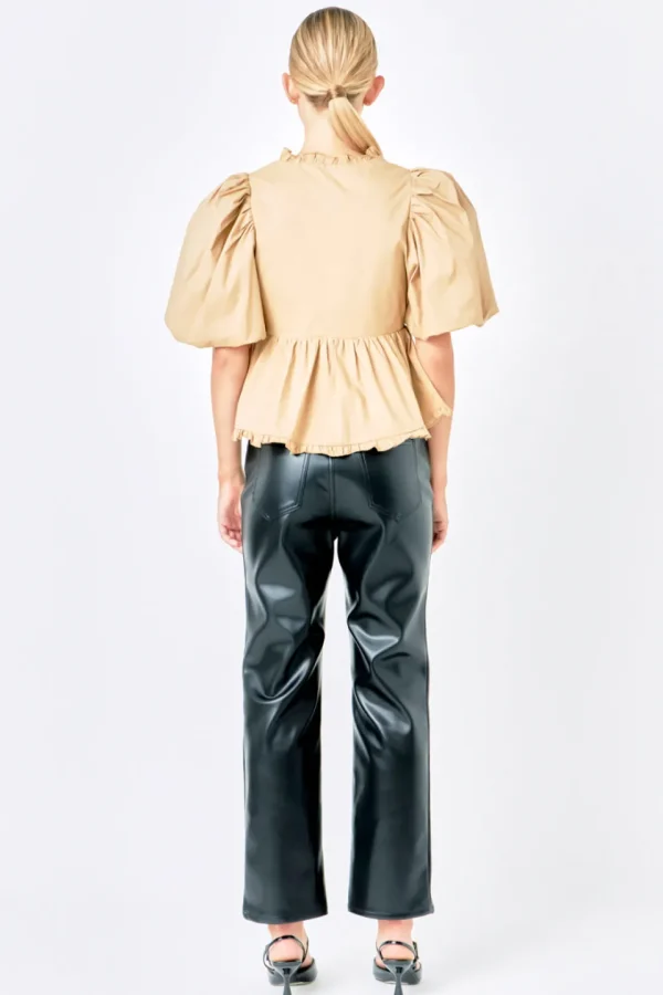 ENDLESS ROSE Tops*- V Neck Puff Sleeve Peplum Top