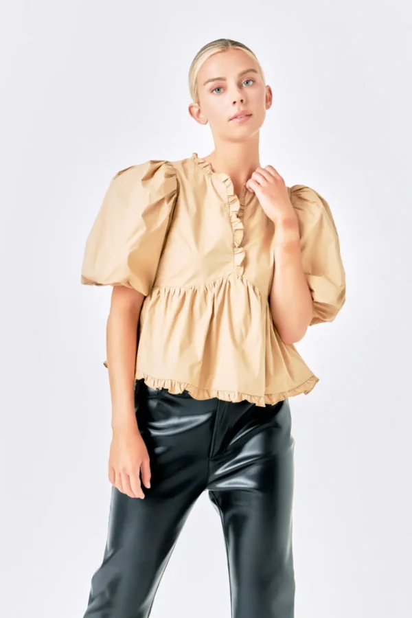 ENDLESS ROSE Tops*- V Neck Puff Sleeve Peplum Top