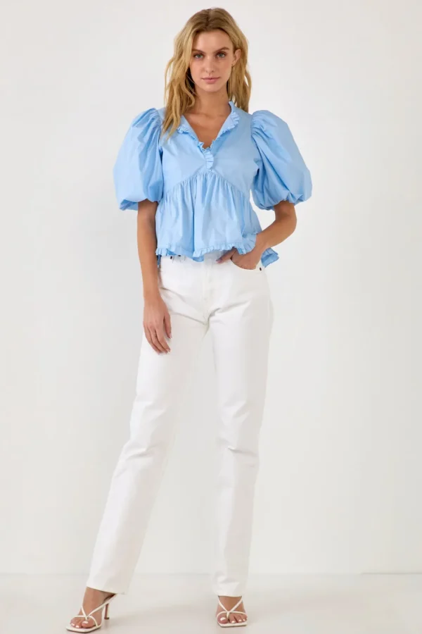 ENDLESS ROSE Tops*- V Neck Puff Sleeve Peplum Top