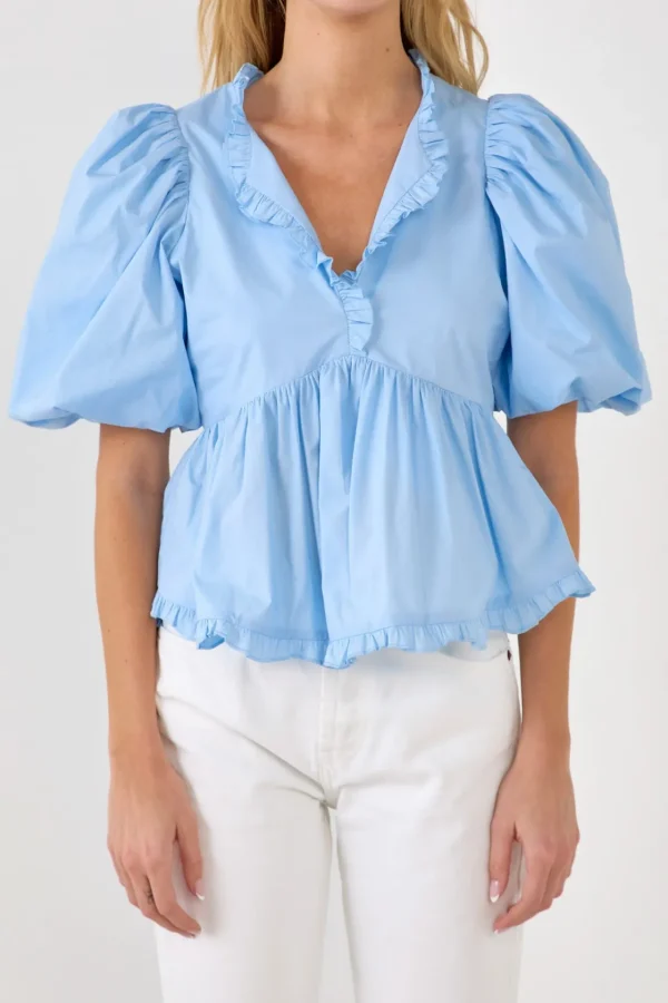 ENDLESS ROSE Tops*- V Neck Puff Sleeve Peplum Top