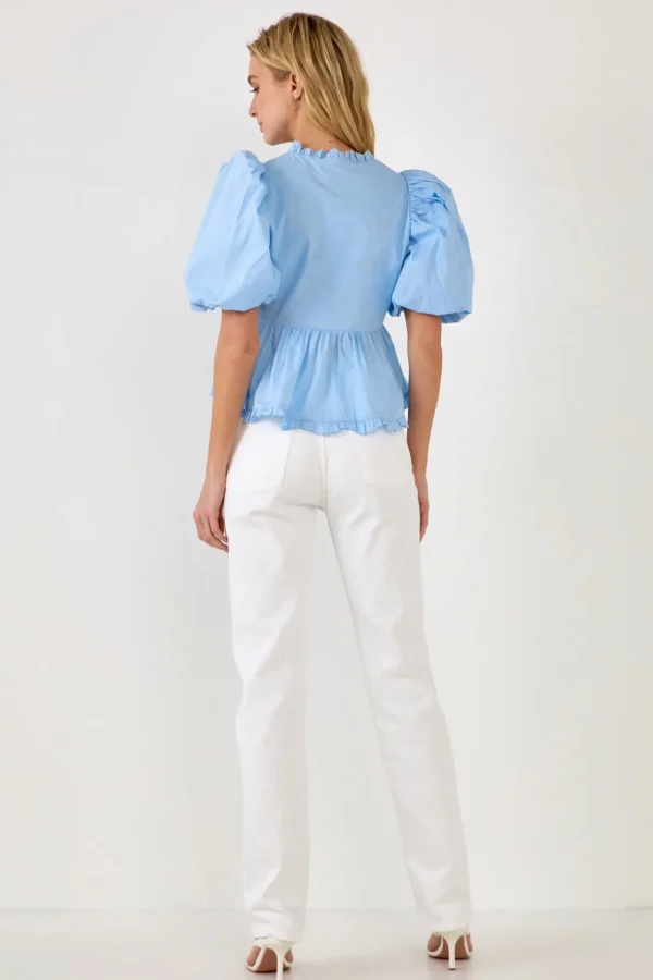 ENDLESS ROSE Tops*- V Neck Puff Sleeve Peplum Top
