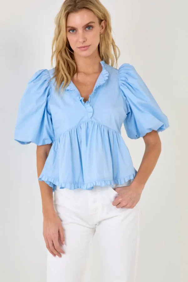 ENDLESS ROSE Tops*- V Neck Puff Sleeve Peplum Top