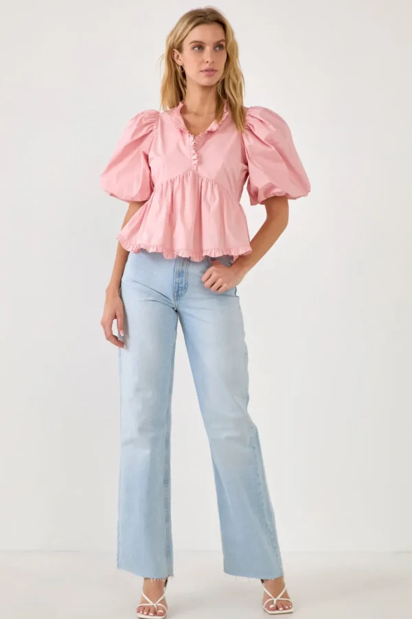 ENDLESS ROSE Tops*- V Neck Puff Sleeve Peplum Top