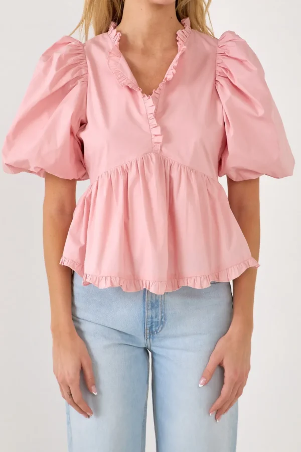 ENDLESS ROSE Tops*- V Neck Puff Sleeve Peplum Top