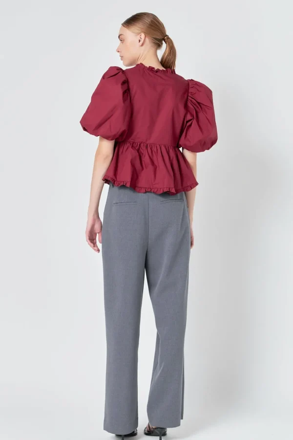ENDLESS ROSE Tops*- V Neck Puff Sleeve Peplum Top