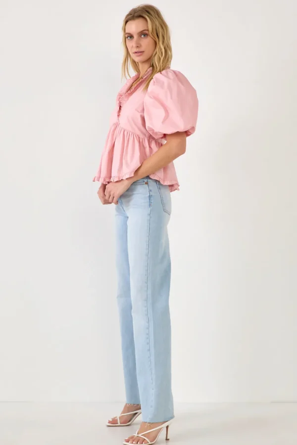 ENDLESS ROSE Tops*- V Neck Puff Sleeve Peplum Top
