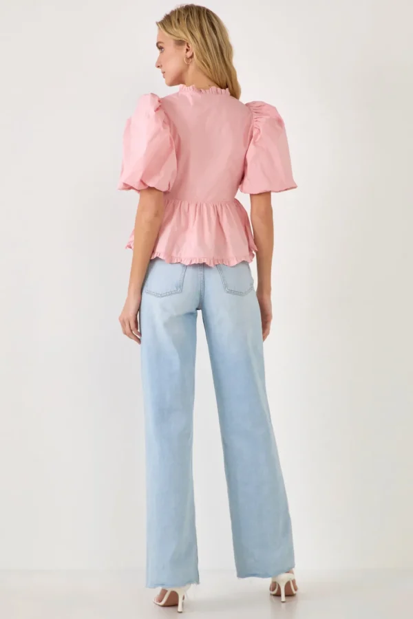 ENDLESS ROSE Tops*- V Neck Puff Sleeve Peplum Top