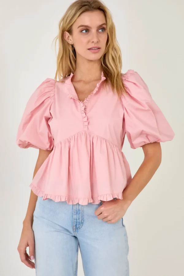 ENDLESS ROSE Tops*- V Neck Puff Sleeve Peplum Top