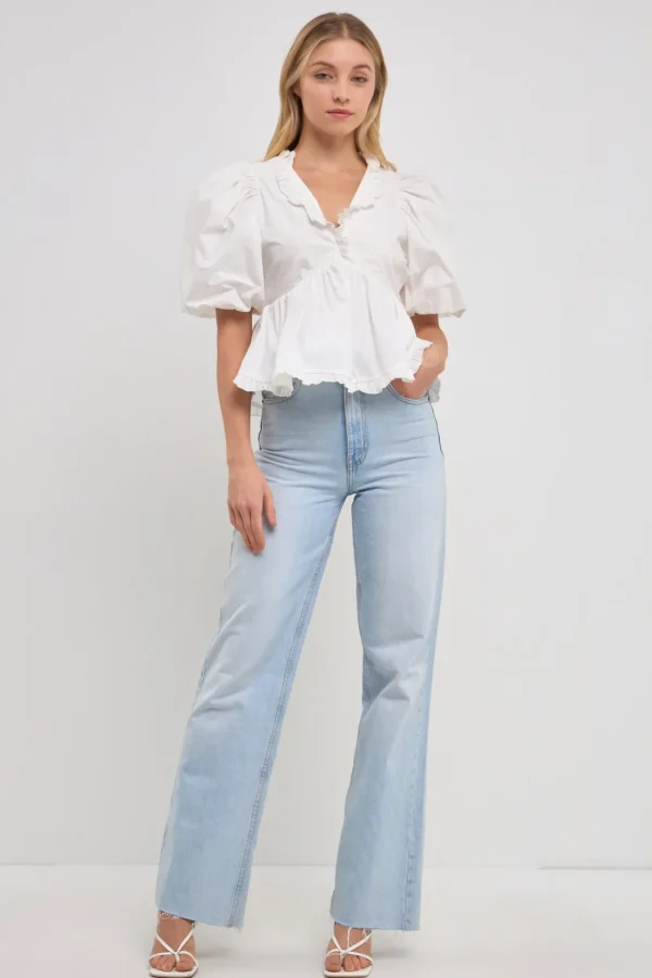 ENDLESS ROSE Tops*- V Neck Puff Sleeve Peplum Top