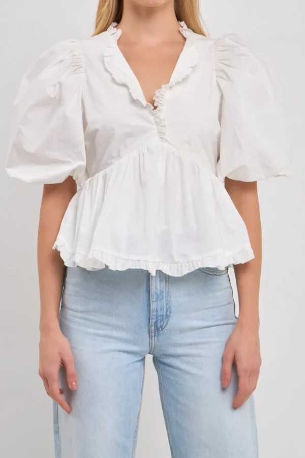 ENDLESS ROSE Tops*- V Neck Puff Sleeve Peplum Top
