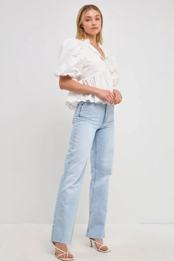 ENDLESS ROSE Tops*- V Neck Puff Sleeve Peplum Top