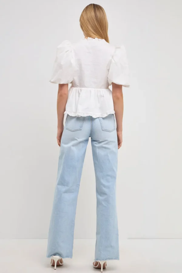 ENDLESS ROSE Tops*- V Neck Puff Sleeve Peplum Top