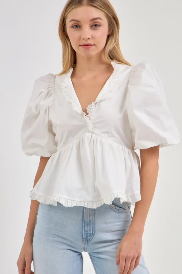 ENDLESS ROSE Tops*- V Neck Puff Sleeve Peplum Top