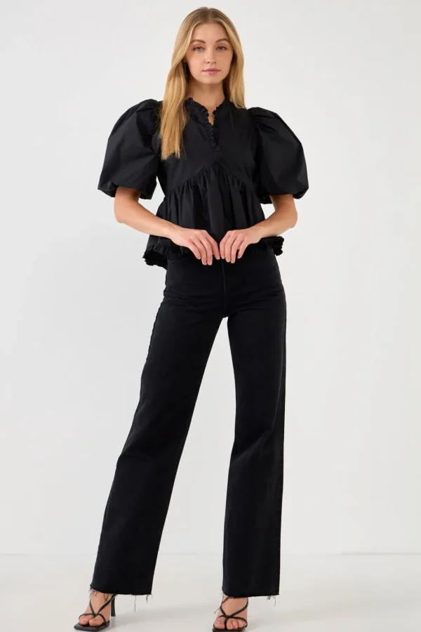 ENDLESS ROSE Tops*- V Neck Puff Sleeve Peplum Top