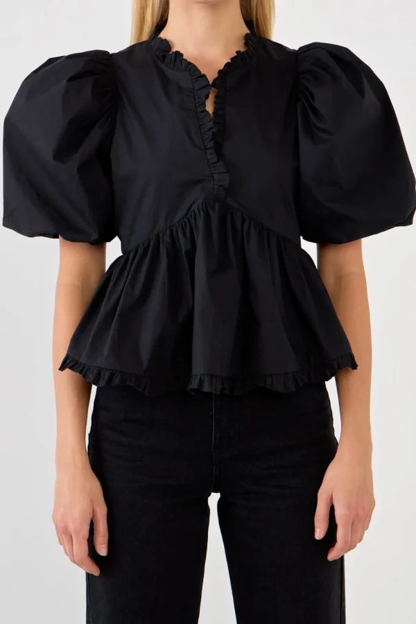 ENDLESS ROSE Tops*- V Neck Puff Sleeve Peplum Top