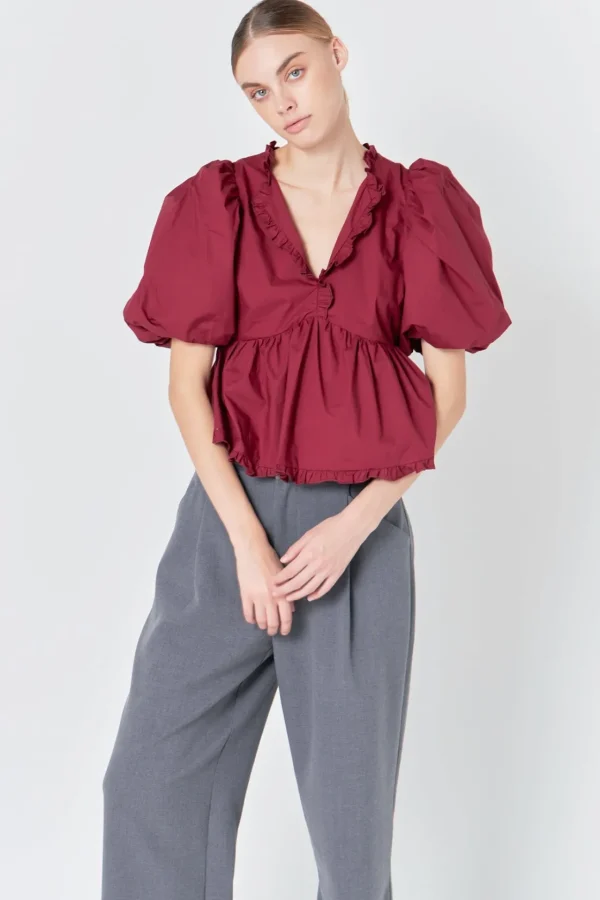 ENDLESS ROSE Tops*- V Neck Puff Sleeve Peplum Top